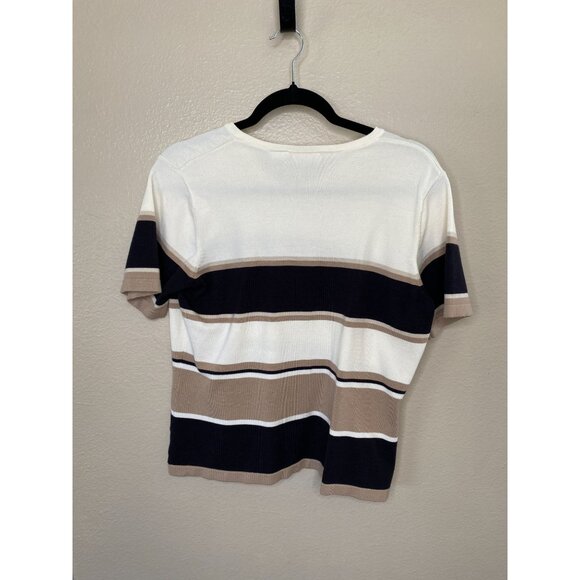 Croft & Barrow Womens Striped Knit Sweater L Rayon tan/black v-neck short sleeve - Picture 5 of 6